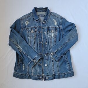 Maurices Womens Long Sleeved Blue Denim Jean Jacket, Collar Distressed Button Up